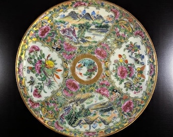 Antique Rare Chinese Landscape Famille Rose Medallion Plate, Canton, Qing Dynasty, mid-19th century (c. 1850–1870) Diameter: 6.5 in.