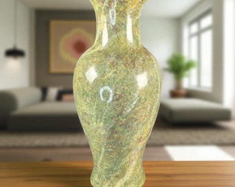 Vintage 1980s Faux Stone Ceramic Vase – 13" Tall Decorative Painted Finish with Gold Rim