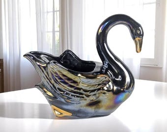 Vintage Royal Copley Black Swan Planter – Iridescent Ceramic with Gold Gilt Accents – 7.5" Tall x 9" Long – Mid-Century Decor