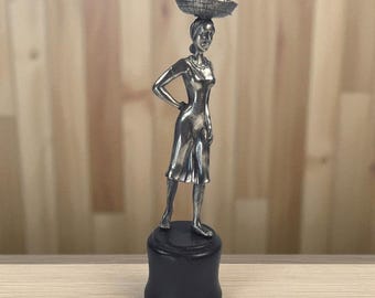 Solid Sterling Silver African Woman Figurine – Mid-Century Tribal Sculpture w/ Fish Basket – 5.5" Tall