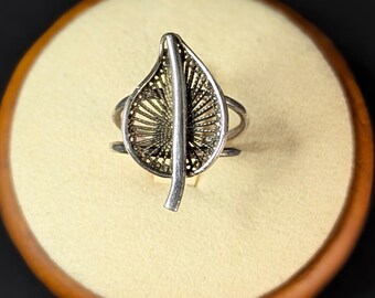 Hand made vintage Filigree Leaf Statement Ring 925 Sterling Silver, Unique Ring Poplar Leaf Ring size 6.75-7