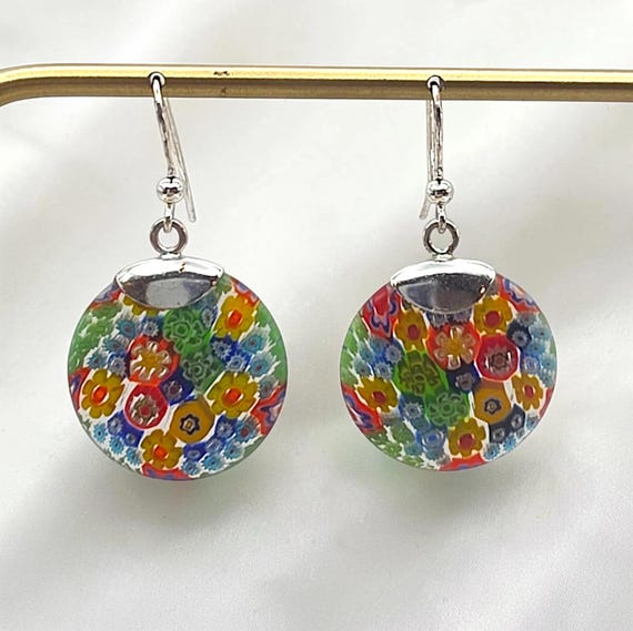 Vintage Sterling Silver Millefiori Murano Glass Dangle Earrings 925 Italy