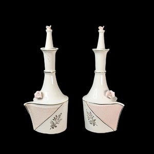 Vintage Porcelain Japanese Perfume Dresser Bottles with Pink Applique and Flowers - Set of 2