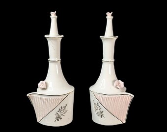 Vintage Porcelain Japanese Perfume Dresser Bottles with Pink Applique and Flowers - Set of 2