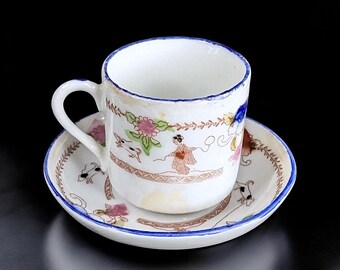 Vintage Japanese Porcelain Demitasse & Saucer Set - Unique Hand Painted Dog Theme