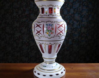 Bohemian Cut-to-Clear White Overlay Vase w Ruby Panels, Victorian Revival, 12"