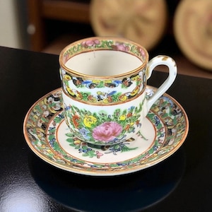 Antique Chinese Famille Rose Demitasse Cup & Saucer – Thousand Butterflies Pattern – Hand-Painted - Set 4