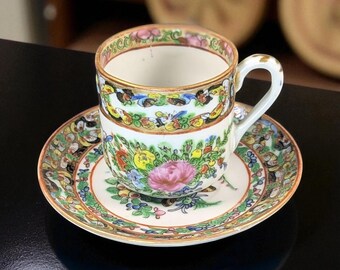 Antique Chinese Famille Rose Demitasse Cup & Saucer – Thousand Butterflies Pattern – Hand-Painted - Set 4