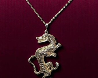 Vintage Sterling Silver Dancing Dragon Pendant Necklace: Gold Vermeil, 20" Chain