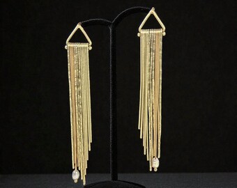 Vintage Solid 14K Gold Chandelier Earrings, Long Fringe Design, 4", 11g