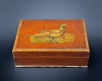 Vintage Lacquered Wood Box with Basil Ede Pheasant Print – Brown Jewelry or Keepsake Box – Rustic Bird Art Decor