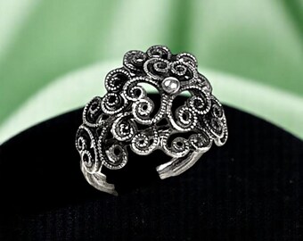 Vintage Beau Sterling Silver Filigree Ring – Adjustable Floral Scroll Design – Signed 925 size 6-8