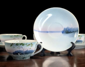 Antique Noritake Teacups & Saucers – Hand-Painted Seascape with Sailboat – Set of 4 – 1918 Green M Backmark – Japanese Porcelain