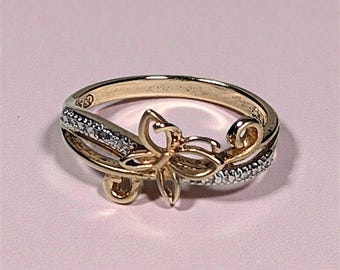 Vintage Sterling Silver Butterfly Ring with Mixed Metal Finish and CZ Accents