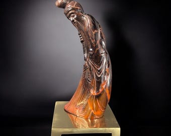 Antique Chinese Carved Horn Figure – Early 20th Century Republic Era Sculpture - Chinese Scholar Carved Horn - Mid Century brass stand