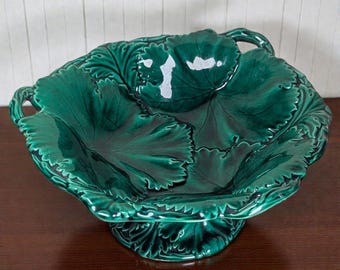Early Copeland Large Majolica Leaf Compote, Green Glazed English Pottery
