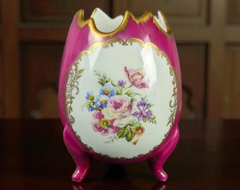 Vintage Limoges Porcelaine de Couleuvre Cracked Egg Vase, Pink & Gold Floral