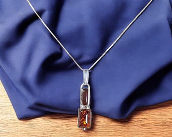 Vintage Sterling Silver Baltic & Pressed Amber Pendant – Modernist Rectangular Design – 16" Sterling Box Chain – .925 Signed- Art Deco