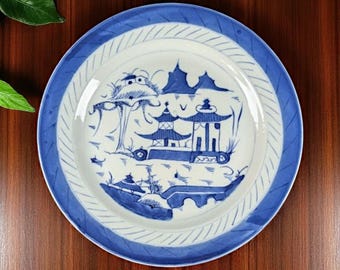 Antique Chinese Canton Blue and White Export Plate – Hand-Painted Porcelain – Late Qing Dynasty ca. 1870–1890 – 10" Diameter