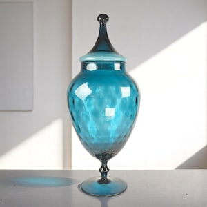 Vintage Empoli Glass Jar with Lid – 15” Tall, Italian Mid-Century Modern Blue Art Glass
