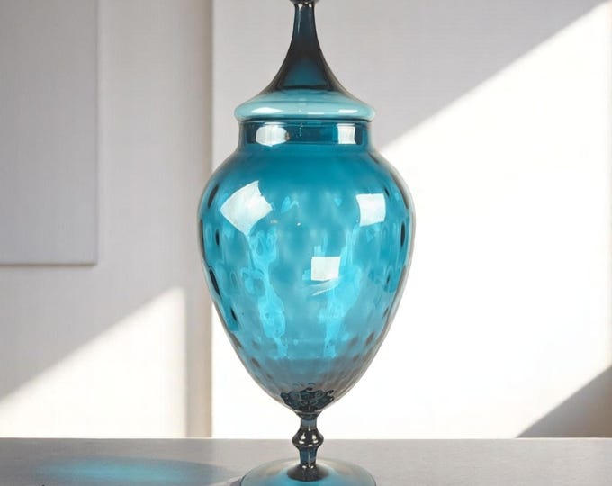Featured listing image: Vintage Empoli Glass Jar with Lid – 15” Tall, Italian Mid-Century Modern Blue Art Glass