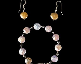 Vintage Curated Set of Sterling Silver Coin Pearl Earrings and Bracelet, Copper and Lavender Coin Pearls with Tahitian seed pearls