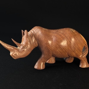 Hand Carved Teak Rhinoceros Sculpture: Mid-Century African Decor