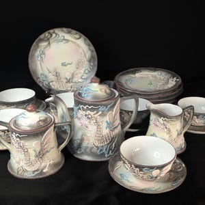 Vintage TT Takito Japanese Dragonware Satsuma Moriage Complete 21 piece Tea Set