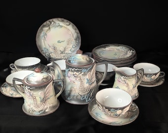 Vintage TT Takito Japanese Dragonware Satsuma Moriage Complete 21 piece Tea Set