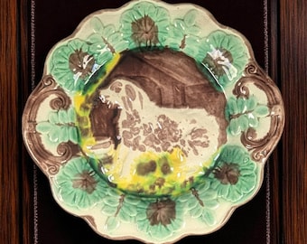 Antique English Majolica Plate with Dog and Doghouse – Victorian Staffordshire Earthenware c.1870