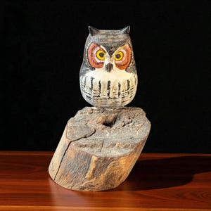 Hand-Carved Owl Sculpture by Russ Coburn – Rustic Painted Wood Owl on Driftwood Base – Lunenburg, MA Folk Art – 5” Tall