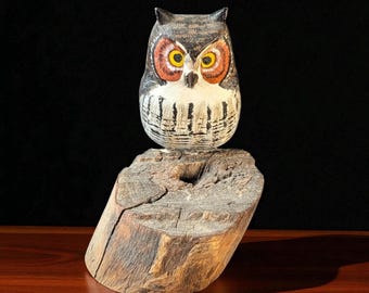 Hand-Carved Owl Sculpture by Russ Coburn – Rustic Painted Wood Owl on Driftwood Base – Lunenburg, MA Folk Art – 5” Tall