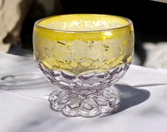 EAPG Hobbs Brockunier Hexagon Block Amber Stain Floral Etched Spooner with Light Purple Base