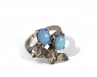 Vintage Sterling Silver and Opal Triplet Art Nouveau Sculptural Leaf Statement Ring - US size 5