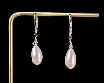 Vintage Large Teardrop Freshwater Pearl Sterling silver earrings with clear crystal accents