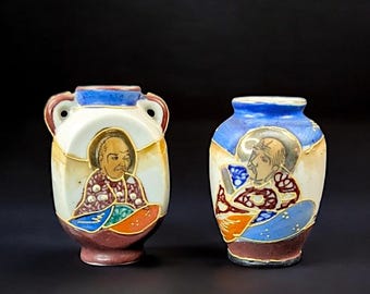 Vintage Miniature Vases – Made in Occupied Japan – Hand-Painted Satsuma-Style Portraits – 1940s Japanese Pottery