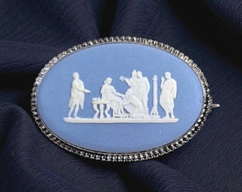 Sterling Silver Wedgwood Blue Jasperware Cameo Brooch, Dated 1969