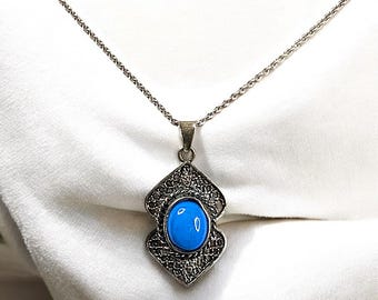 Vintage Sterling silver and Turquoise Filigree Pendant Necklace on "16 925 chain