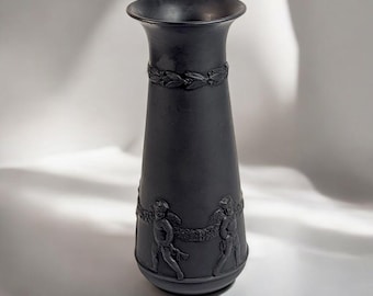 Antique 1812–1822 Wedgwood Black Basalt Vase | Early Regency Cherub Relief | Neoclassical Matte Black Stoneware | Collector's Piece