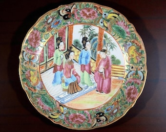 Fine 19th C. Famille Rose Scalloped Plate – Courtyard Ladies & Butterfly Border