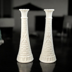 Pair of Vintage Milk Glass Bud Vases – 9&quot; Tall Stars and Bars Pattern – White Pressed Glass Floral Vases