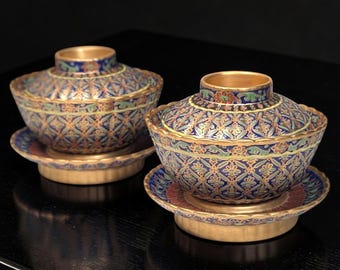 Thai Benjarong Pair of Covered Rice Bowls,  Cobalt & Gold with Pedestal Stands