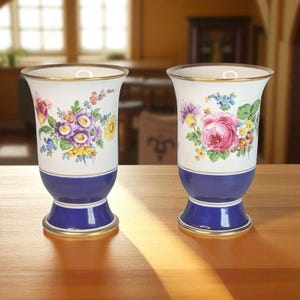 Pair of Vintage Hand-Painted Dresden Porcelain Vases – Floral with Cobalt Blue and Gold Trim – 5&quot; Tall – Set of 2