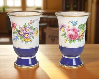 Pair of Vintage Hand-Painted Dresden Porcelain Vases – Floral with Cobalt Blue and Gold Trim – 5" Tall – Set of 2