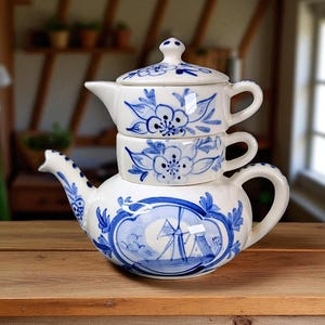 Vintage Shafford Stacking Teapot Set: Delft Windmill, Hand-Decorated Japan