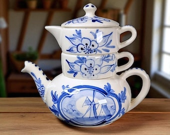 Vintage Shafford Blue and White Stacking Teapot Set – Hand Decorated Japan – Delft Style Windmill & Flowers – 3-Piece Teapot, Creamer, Sugar