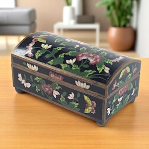 Republic Era Chinese Cloisonné Box – Black Enamel with Peonies & Butterflies – Cobalt Interior – Domed Lid Jewelry Box c. 1930s–40s
