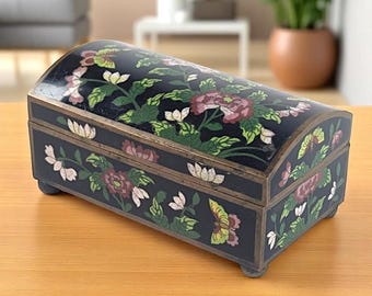 Republic Era Chinese Cloisonné Box – Black Enamel with Peonies & Butterflies – Cobalt Interior – Domed Lid Jewelry Box c. 1930s–40s