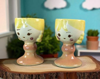 Vintage Mid-Century Girl Face Egg Cups – Hand-Painted Ceramic – c. 1950s–1970s (Pair)