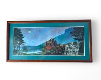 Vintage Original Watercolor Painting – Horse-Drawn Carriage at Night – Framed 18.75” x 9.25”